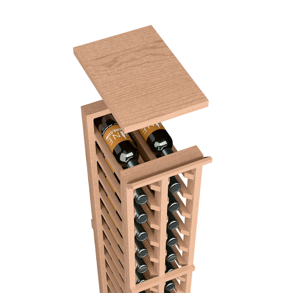 Pale wood wine rack top shelf with bottle storage compartment and metal bottle holder rails