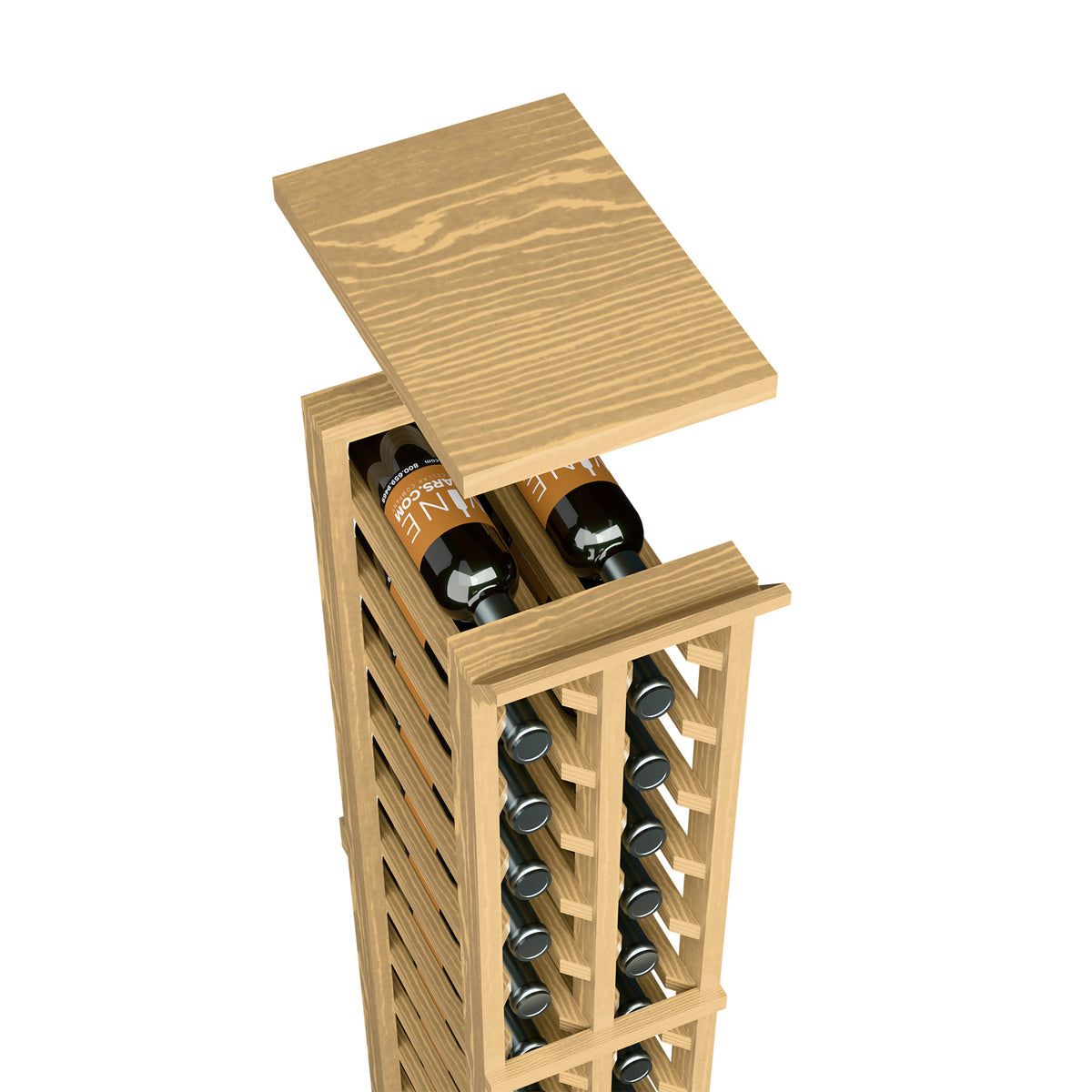 Light natural wood wine rack with top shelf and front metal wine bottle holder slots