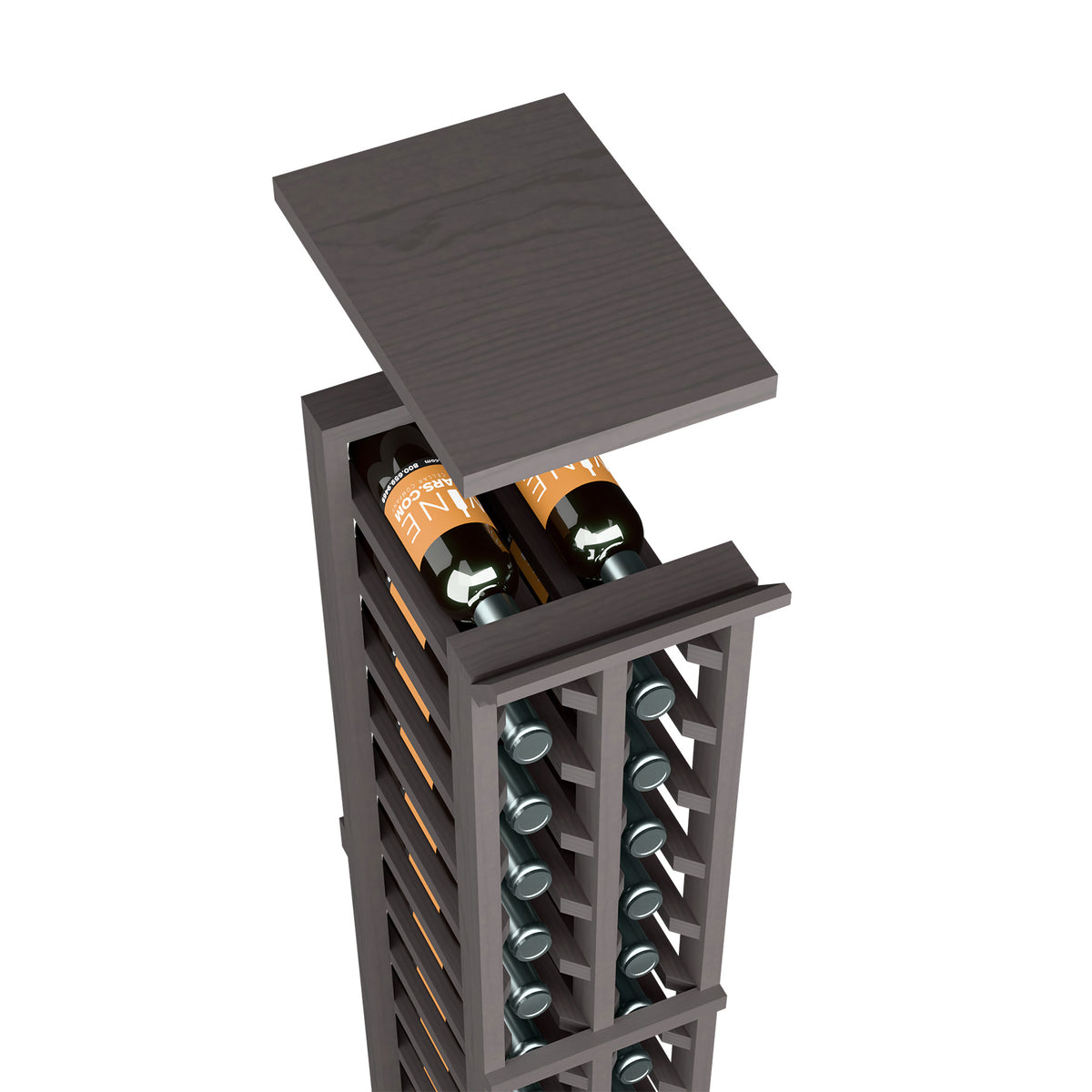 Espresso-dark wood wine rack top shelf with bottle storage and front metal bottle holders