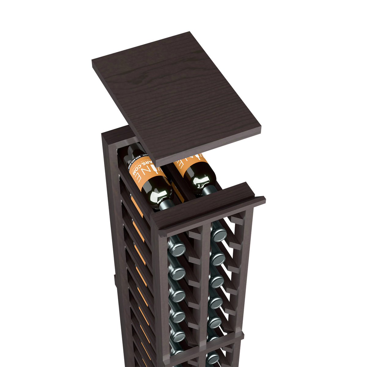 Dark espresso-toned wine rack top shelf with bottle openings and metal bottle holder rails