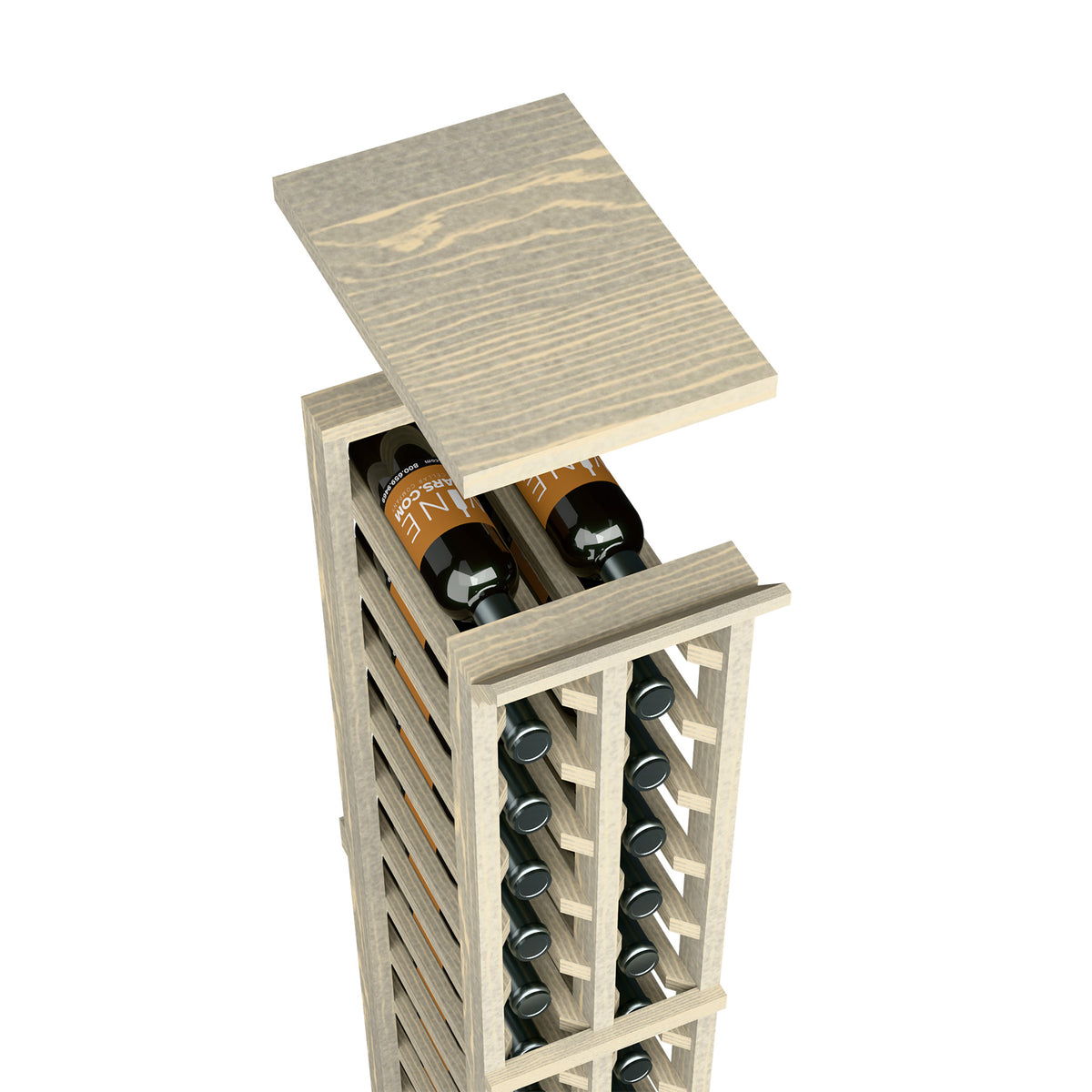 Wood wine rack top shelf with bottle slots and glass holder, grey stained finish