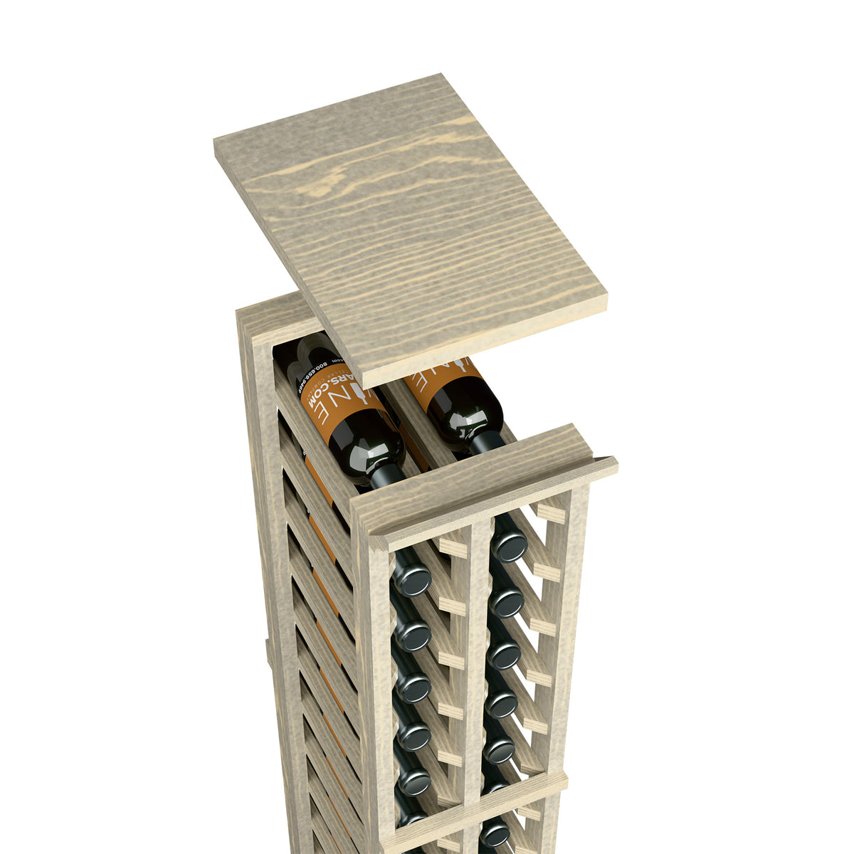 Wood wine rack with top shelf, bottle openings, and stem glass holder, grey finish