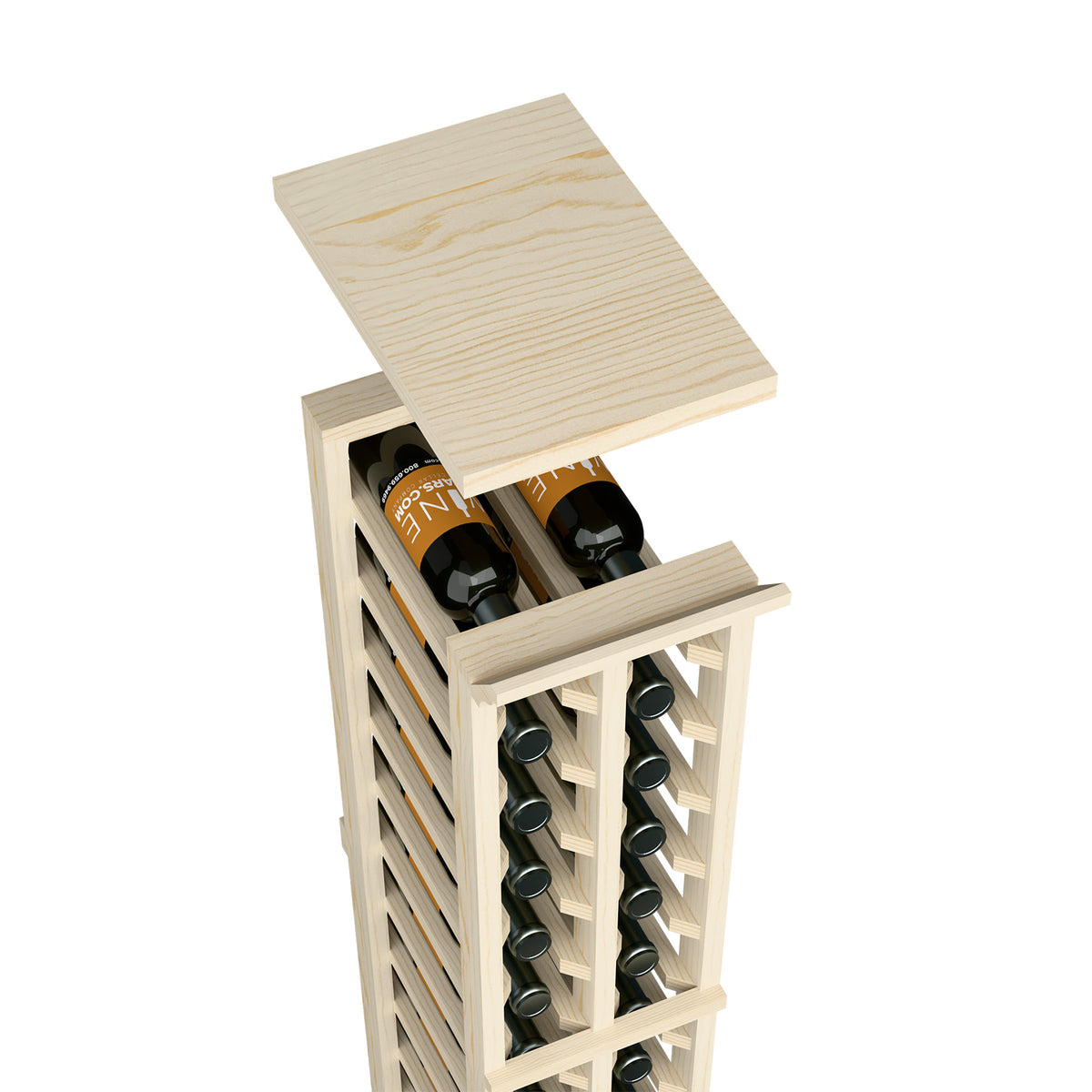 Wood wine rack top shelf with bottle slots and stem glass holder, light natural stain