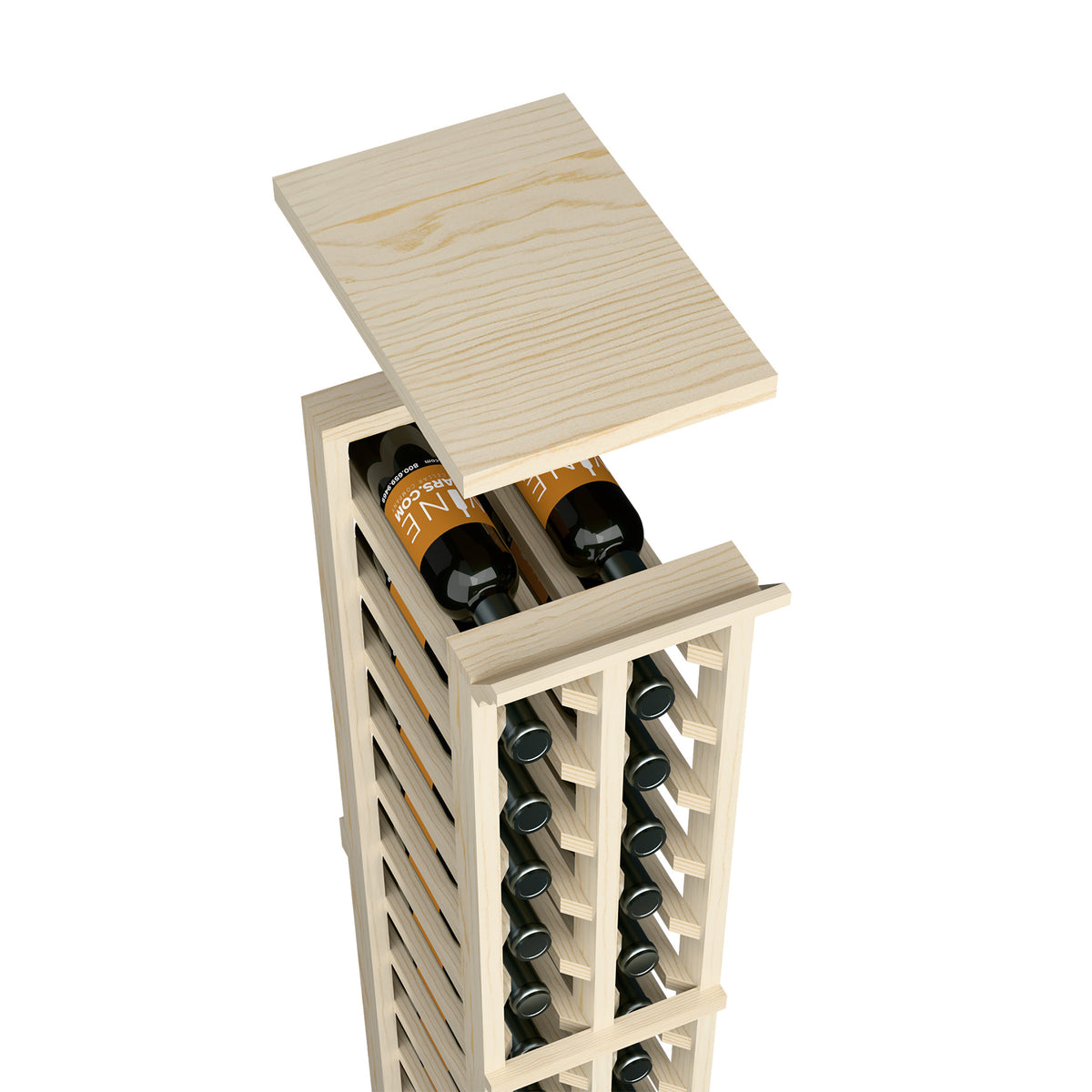 Wood wine rack with top shelf, bottle openings, and stem glass holder, light stain