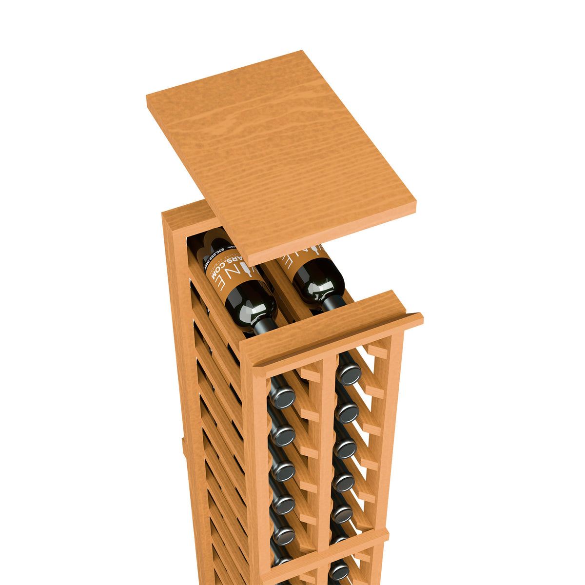 Wood wine rack top shelf with bottle slots and stem glass holder, warm orange stain