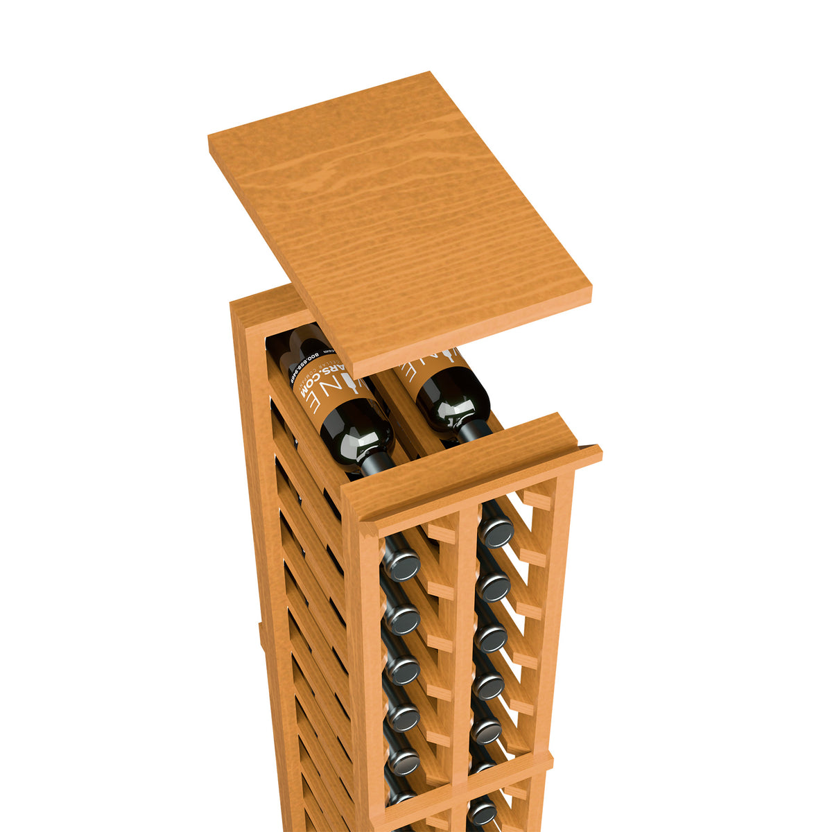 Wood wine rack with top shelf, bottle openings, and stem glass holder, warm wood stain