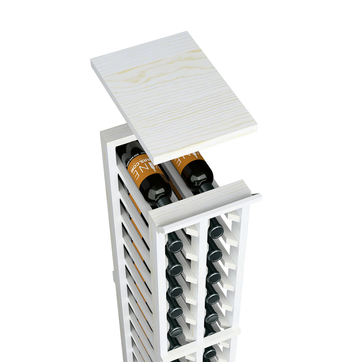 Wood wine rack with top shelf, bottle openings, and stem glass holder, white finish