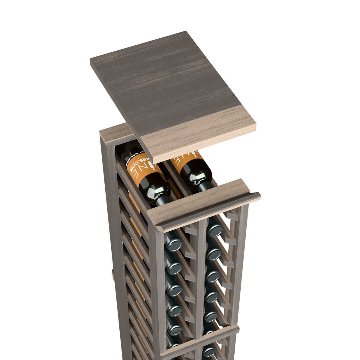 Solid top shelf for two-column split wine rack, dark wood finish with wine slots
