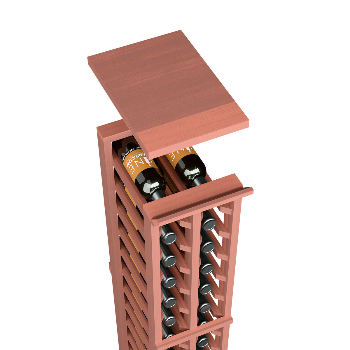Solid top shelf for two-column split wine rack, reddish wood finish with wine slots