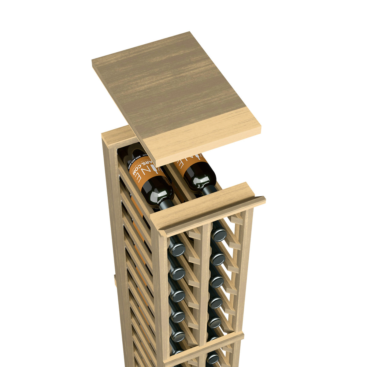 Solid top shelf for two-column split wine rack, medium light wood finish with wine slots