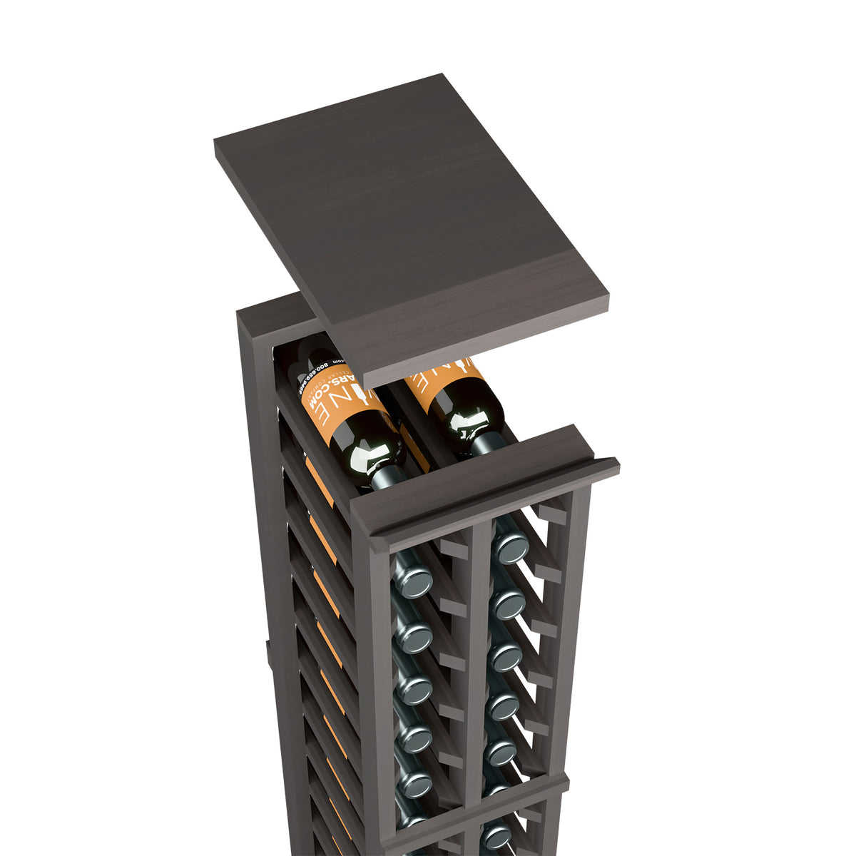 Solid top shelf for two-column split wine rack, dark charcoal wood finish with wine slots
