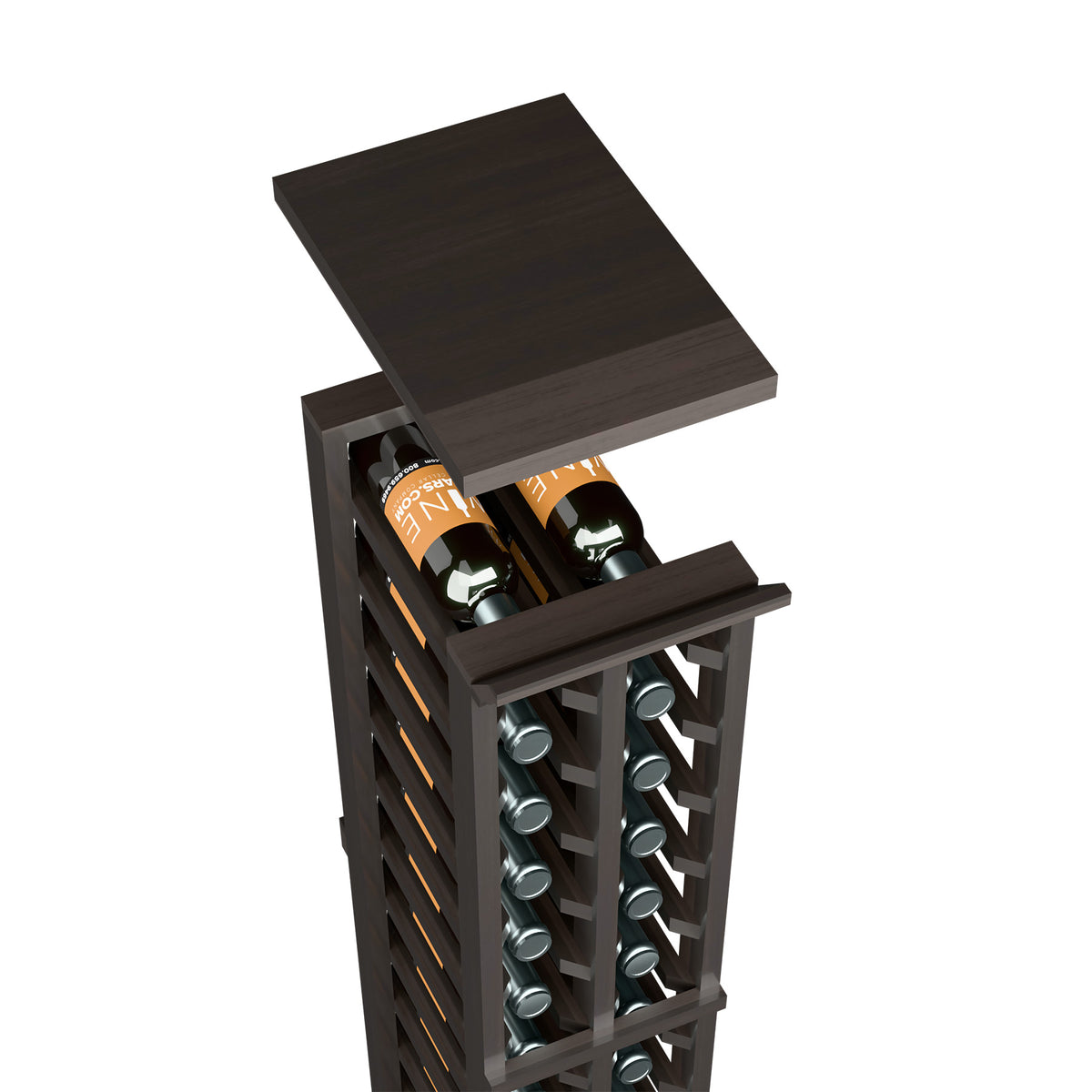 Solid top shelf for two-column split wine rack, dark brown wood finish with bottle holders