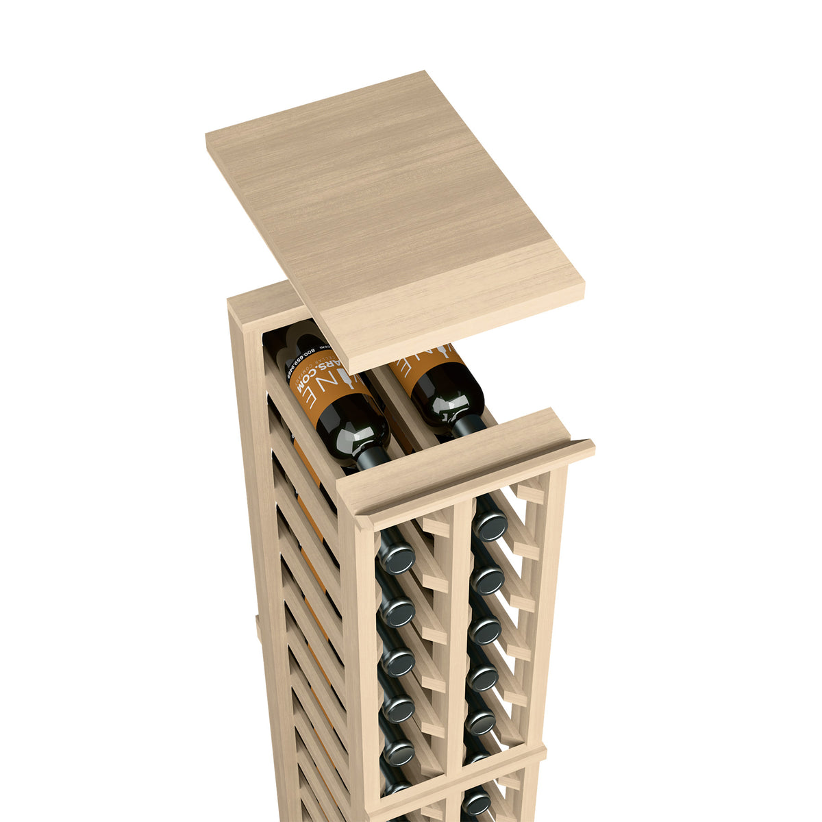 Wood wine rack top shelf with slotted bottle holder and two bottle openings
