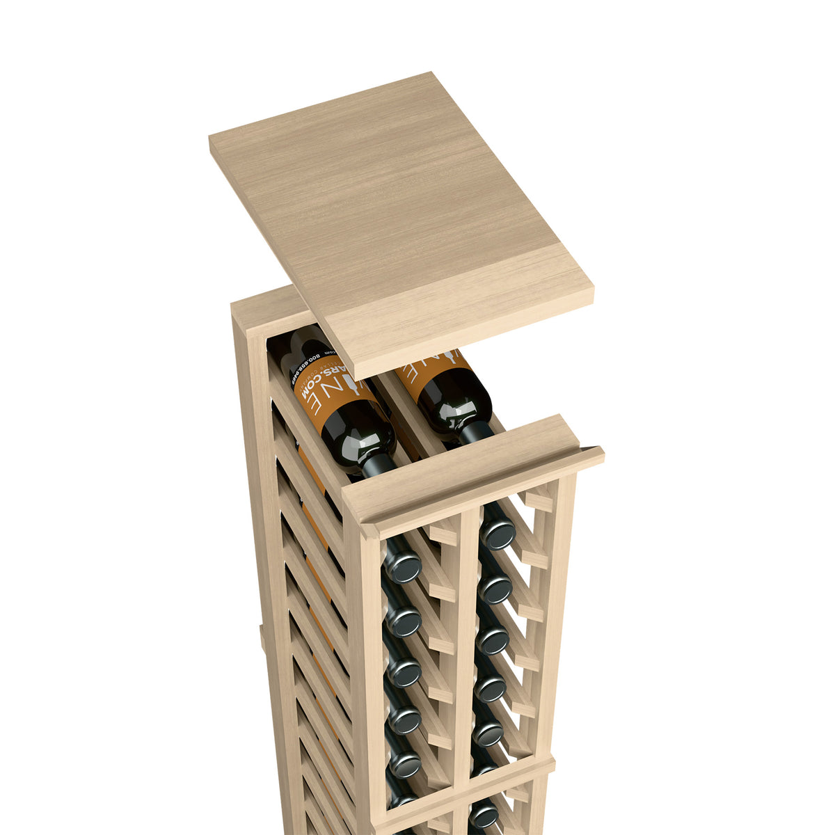 Wood wine rack top shelf with open crate-style slots for bottles and glasses