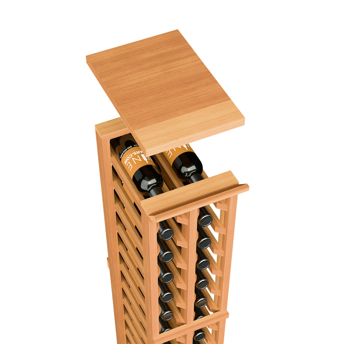 Red-brown wood wine rack top shelf with slotted bottle storage and bottle openings
