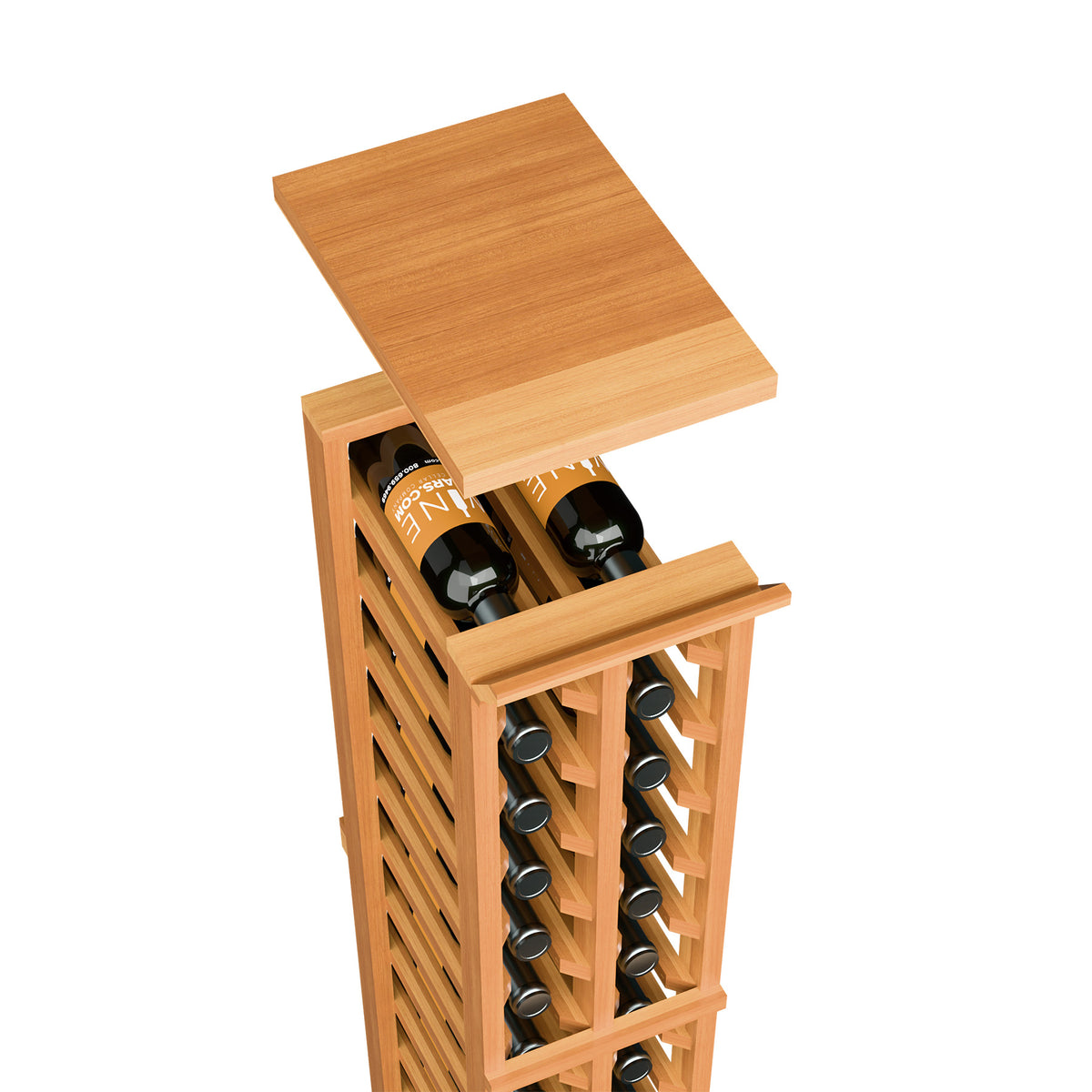 Warm wood wine rack top shelf with slotted bottle storage and open side frame