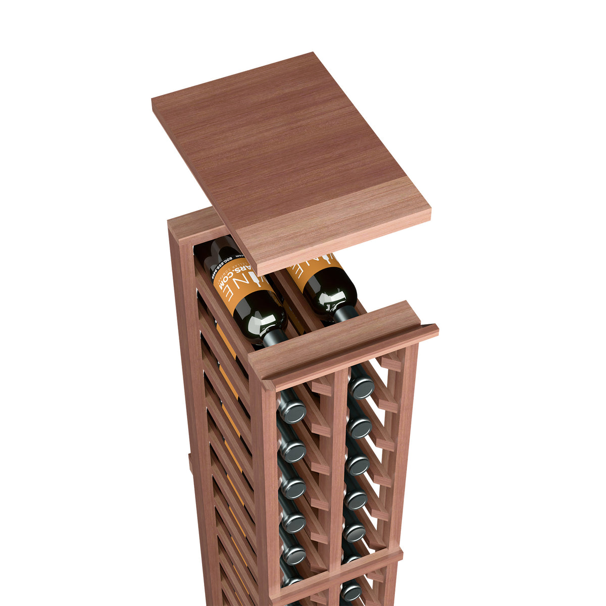 Medium brown wood wine rack top shelf with slotted bottle holder and wine slots