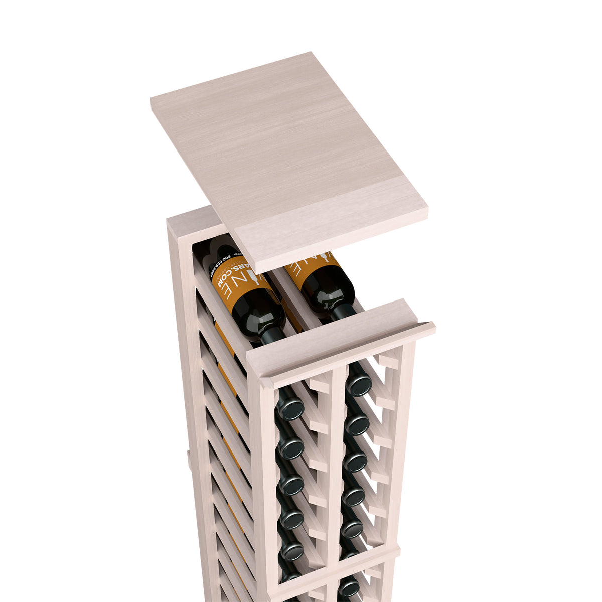 Light gray wood wine rack top shelf with slotted bottle storage and two bottles