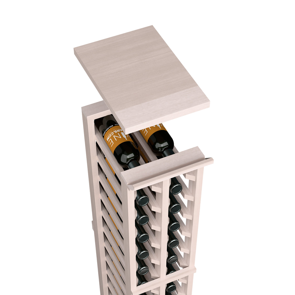 Light gray wood wine rack top shelf with open slatted frame and bottle slots