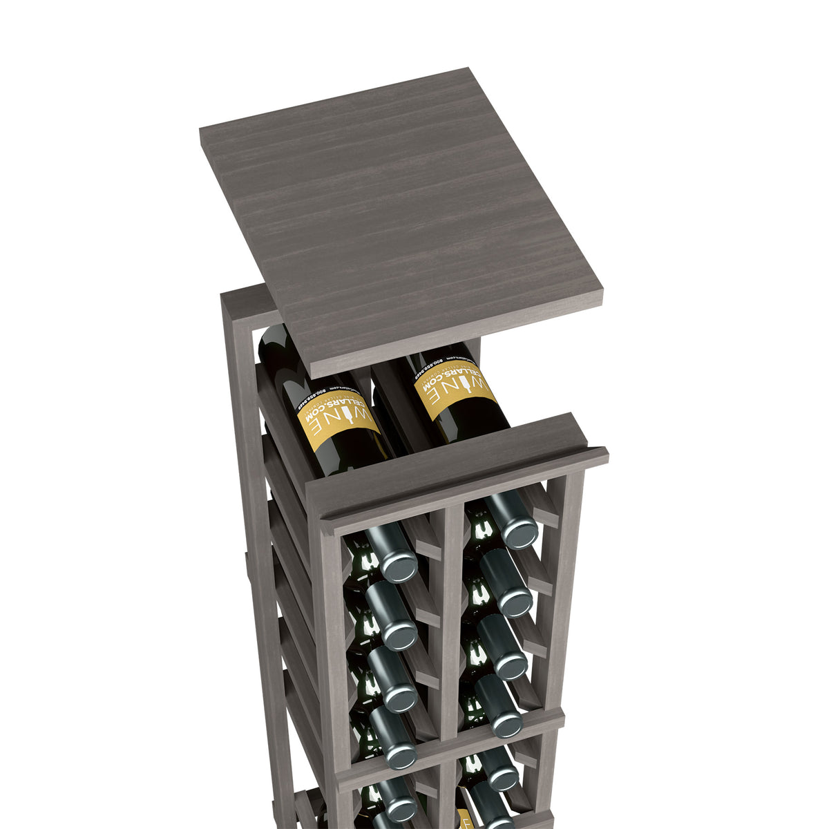 Two-column wine rack with square top shelf holding 8 wine bottles, dark gray wood.