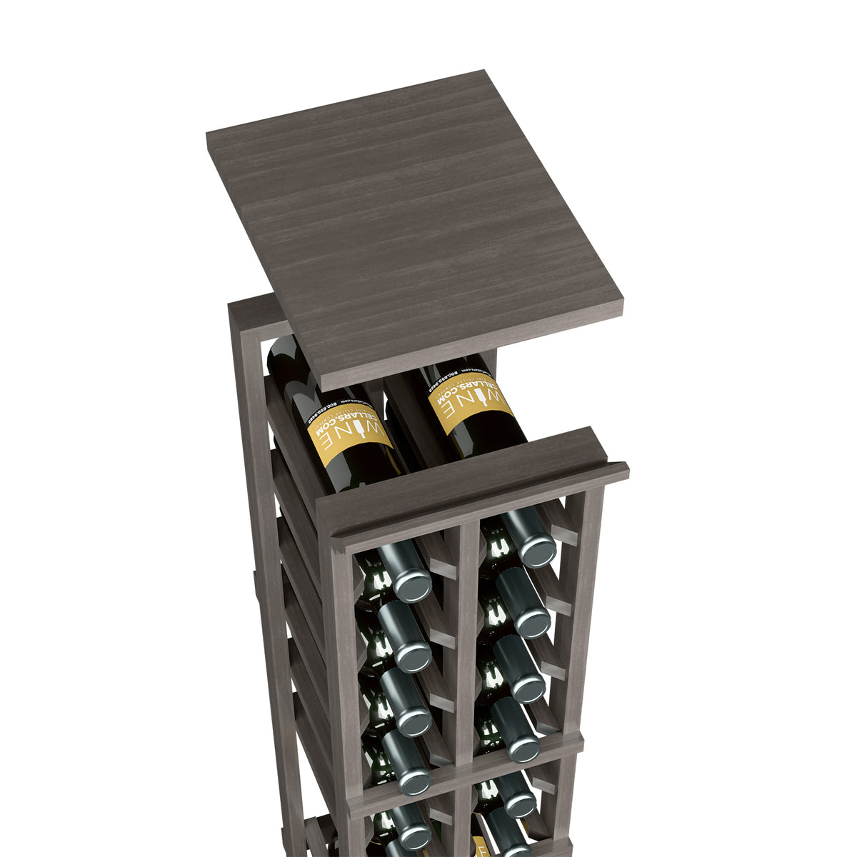 Two-column wine rack with square top shelf holding 8 wine bottles, dark gray wood.