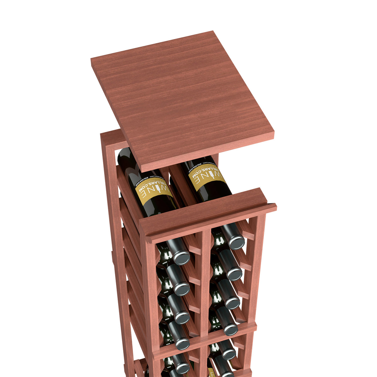 Two-column wine rack with square top shelf holding 8 wine bottles, reddish wood finish.
