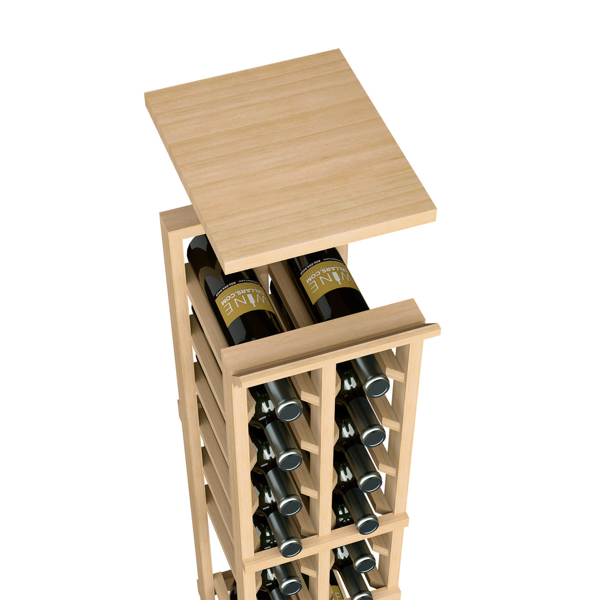 Two-column wine rack with square top shelf holding 8 wine bottles, light wood finish.