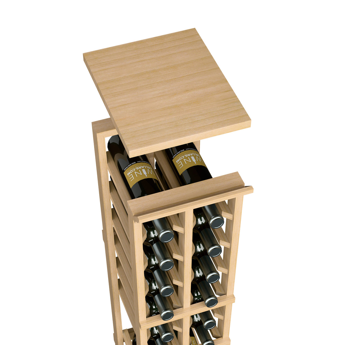 Two-column wine rack with square top shelf holding 8 wine bottles, light wood finish.