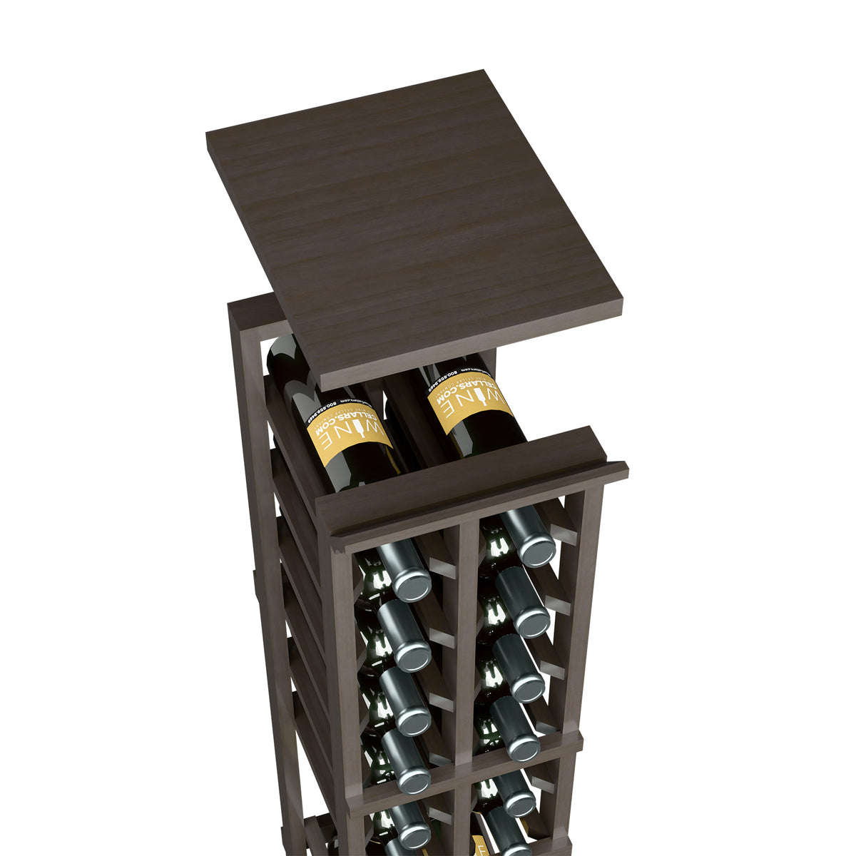 Two-column wine rack with square top shelf holding 8 wine bottles, dark brown wood.