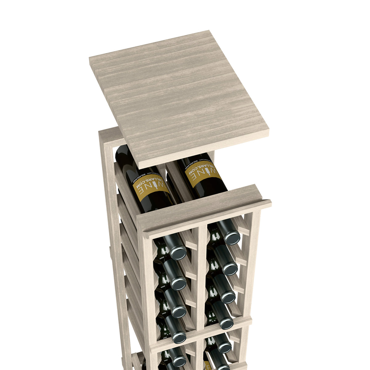 Wine bottle rack with top shelf, gray wood, holds bottles in two vertical rows