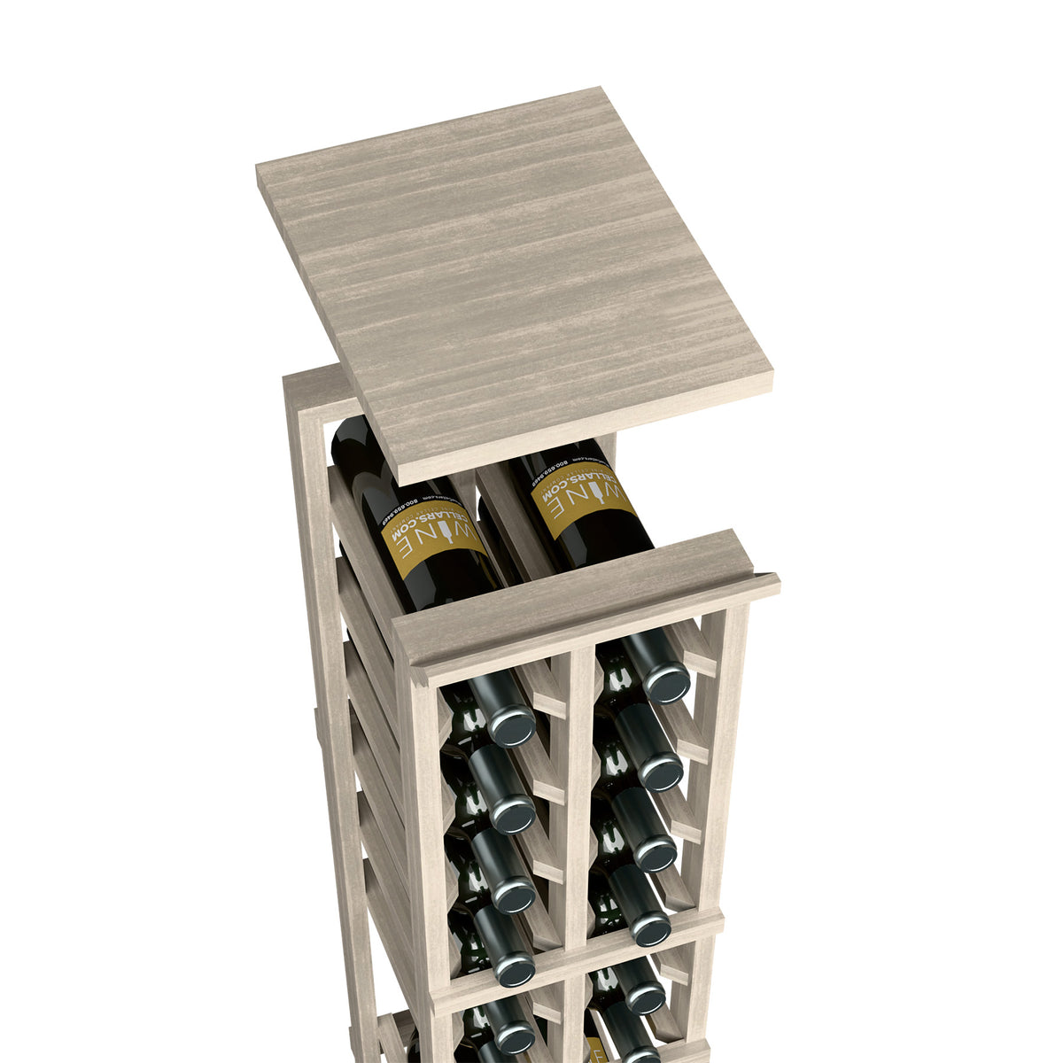 Wine bottle rack with top shelf in gray wood, open-front design with wine bottle slots