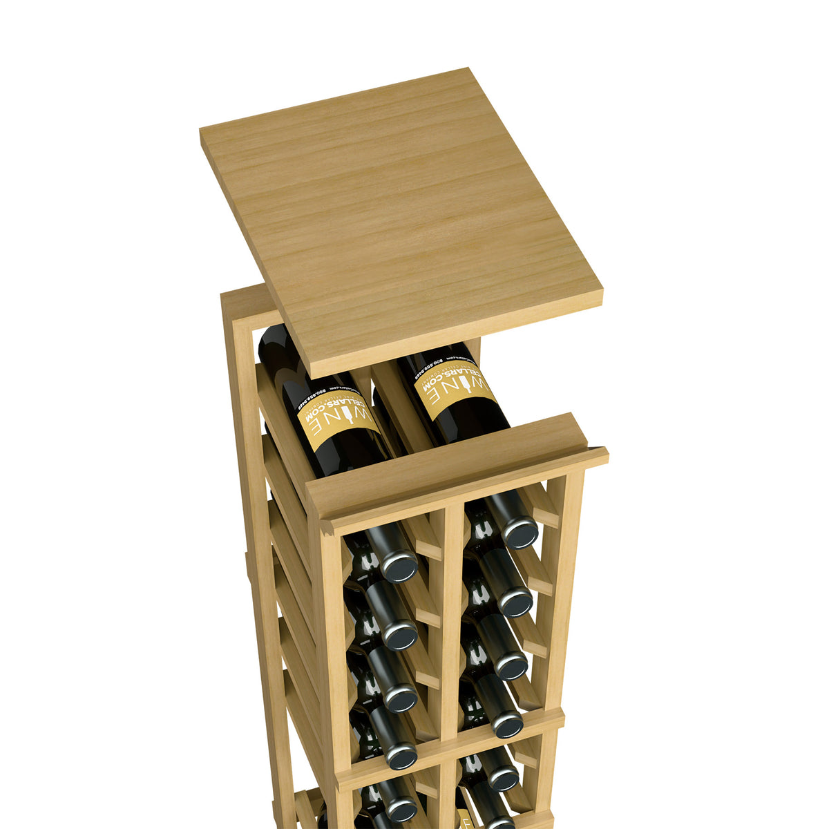 Wine bottle rack with top shelf in light wood, open front with bottle compartments
