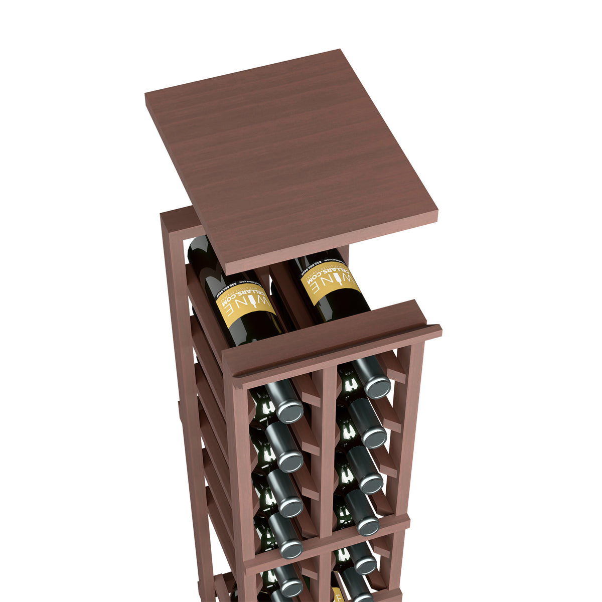 Wine bottle rack with top shelf, dark brown wood, stores bottles in two vertical rows