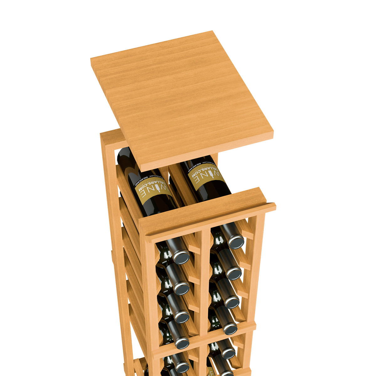 Wine bottle rack with top shelf, honey-colored wood, holds wine bottles in two rows