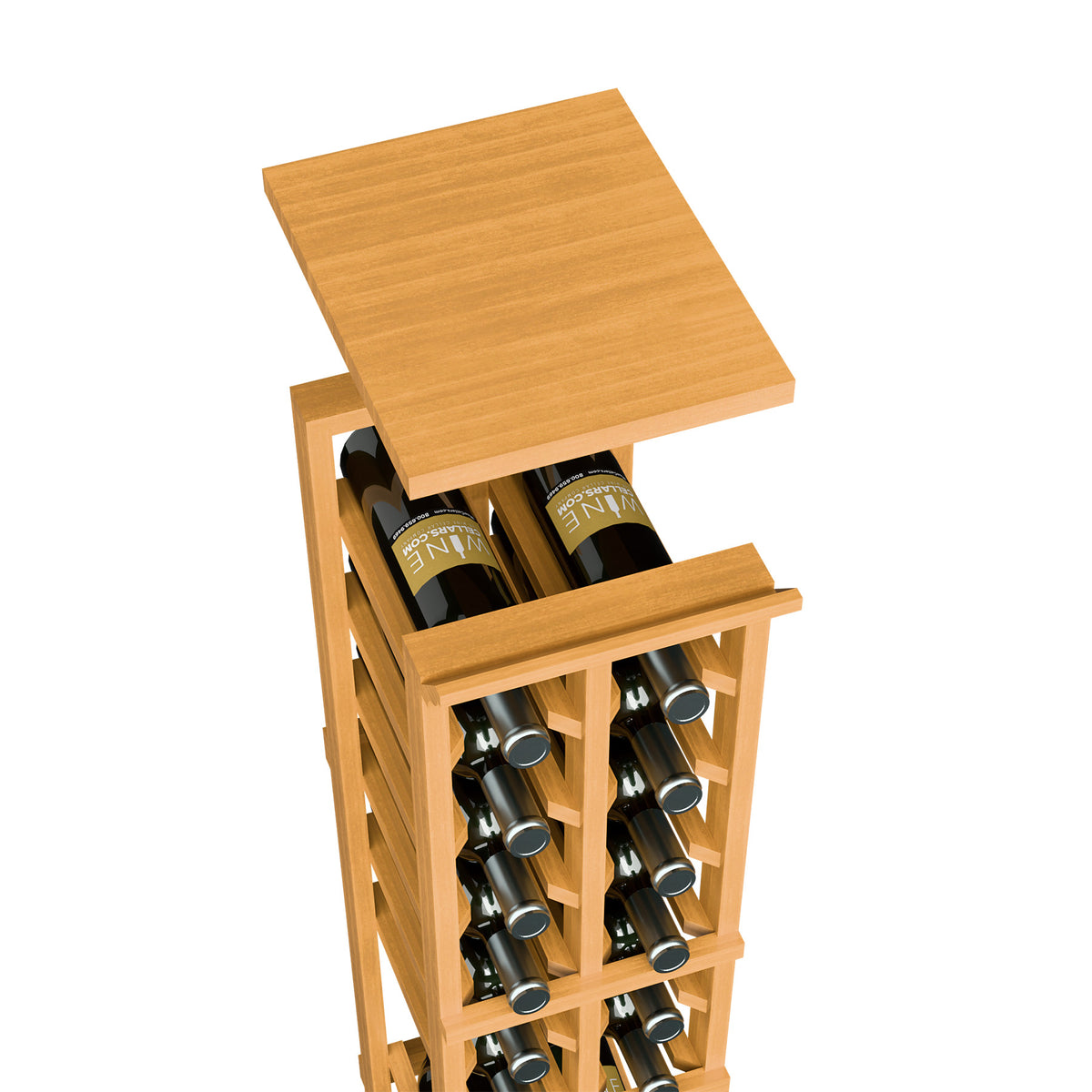 Wine bottle rack with top shelf in honey wood, open-front rack with bottle slots
