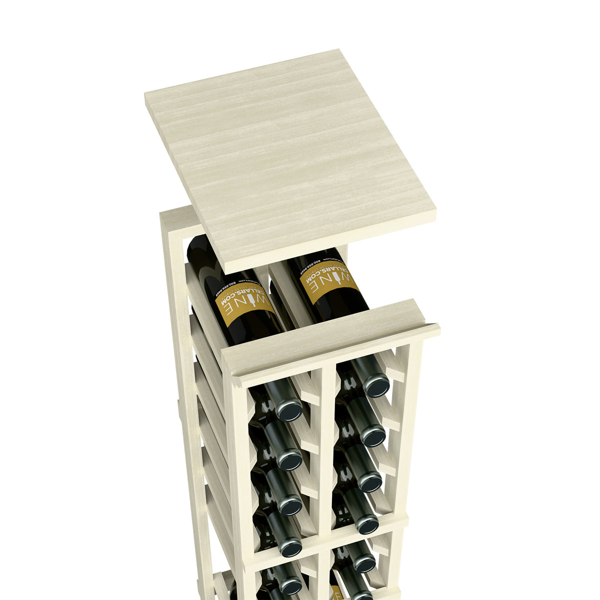Wine bottle rack with top shelf, pale light wood, holds bottles in two vertical rows