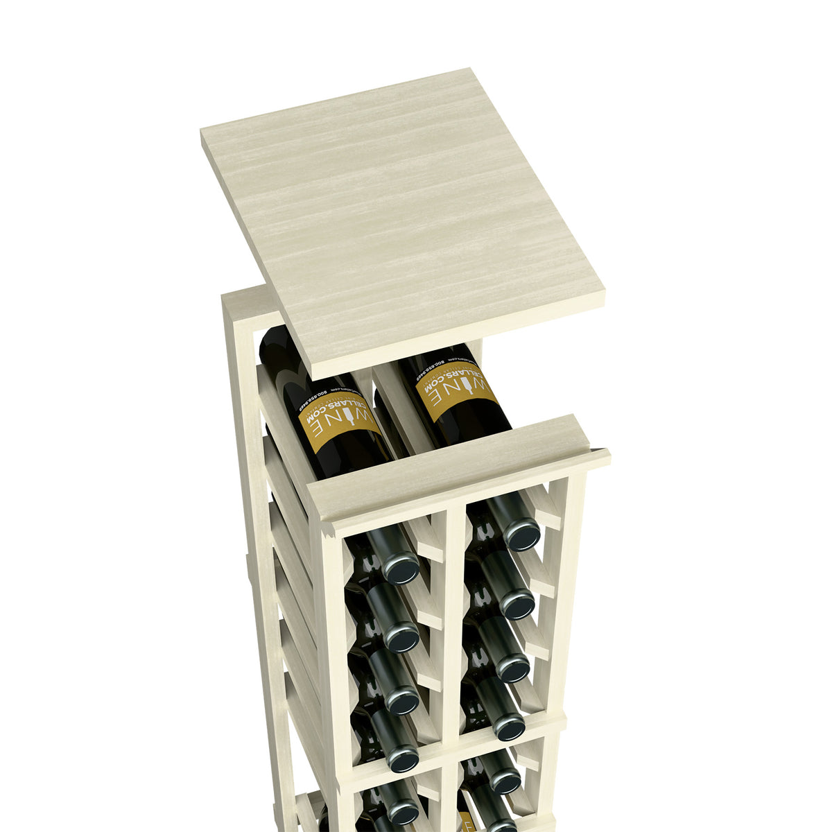 Wine bottle rack with top shelf in pale wood, open-front rack with two bottle rows
