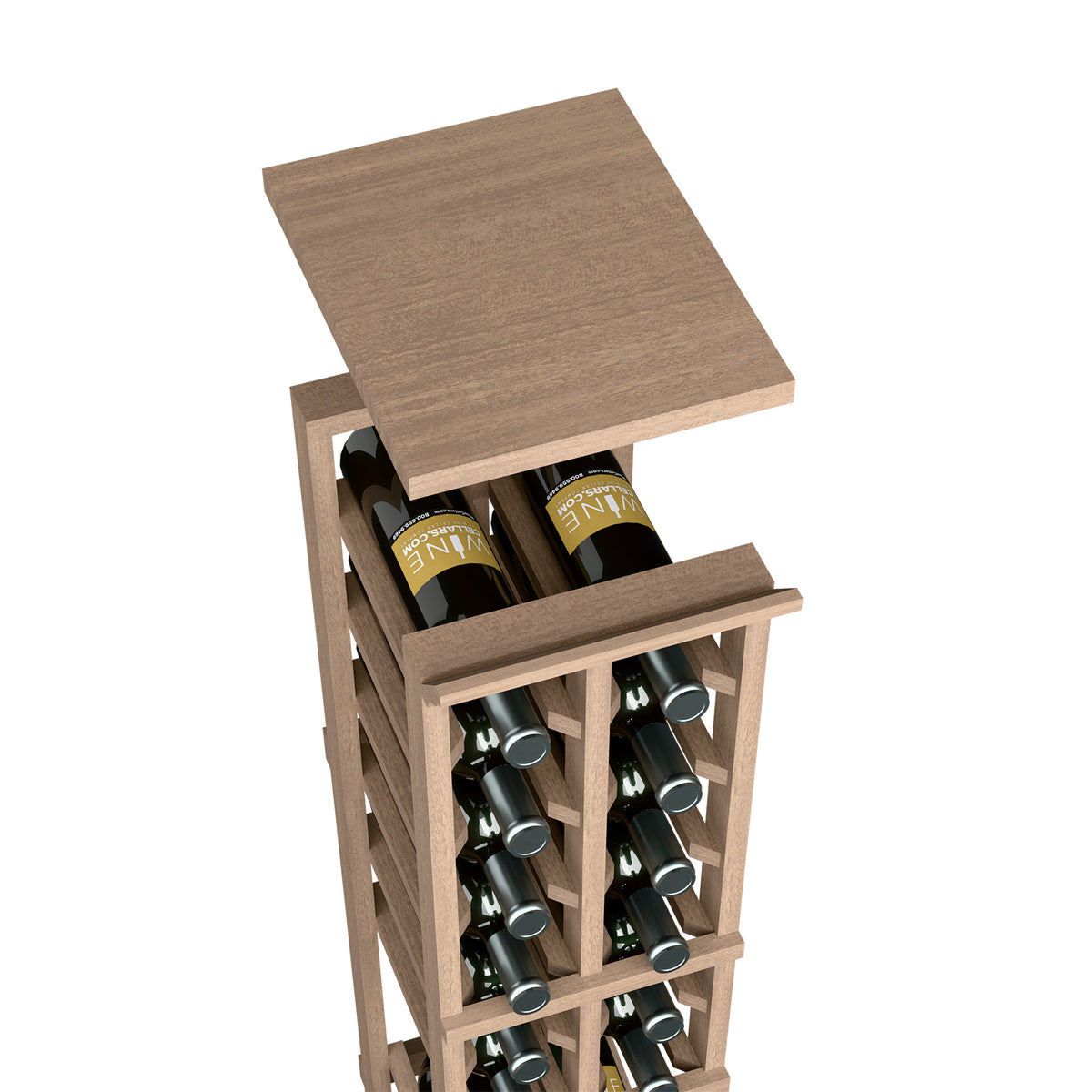 Wine bottle rack with top shelf, medium brown wood finish and bottle cubbies