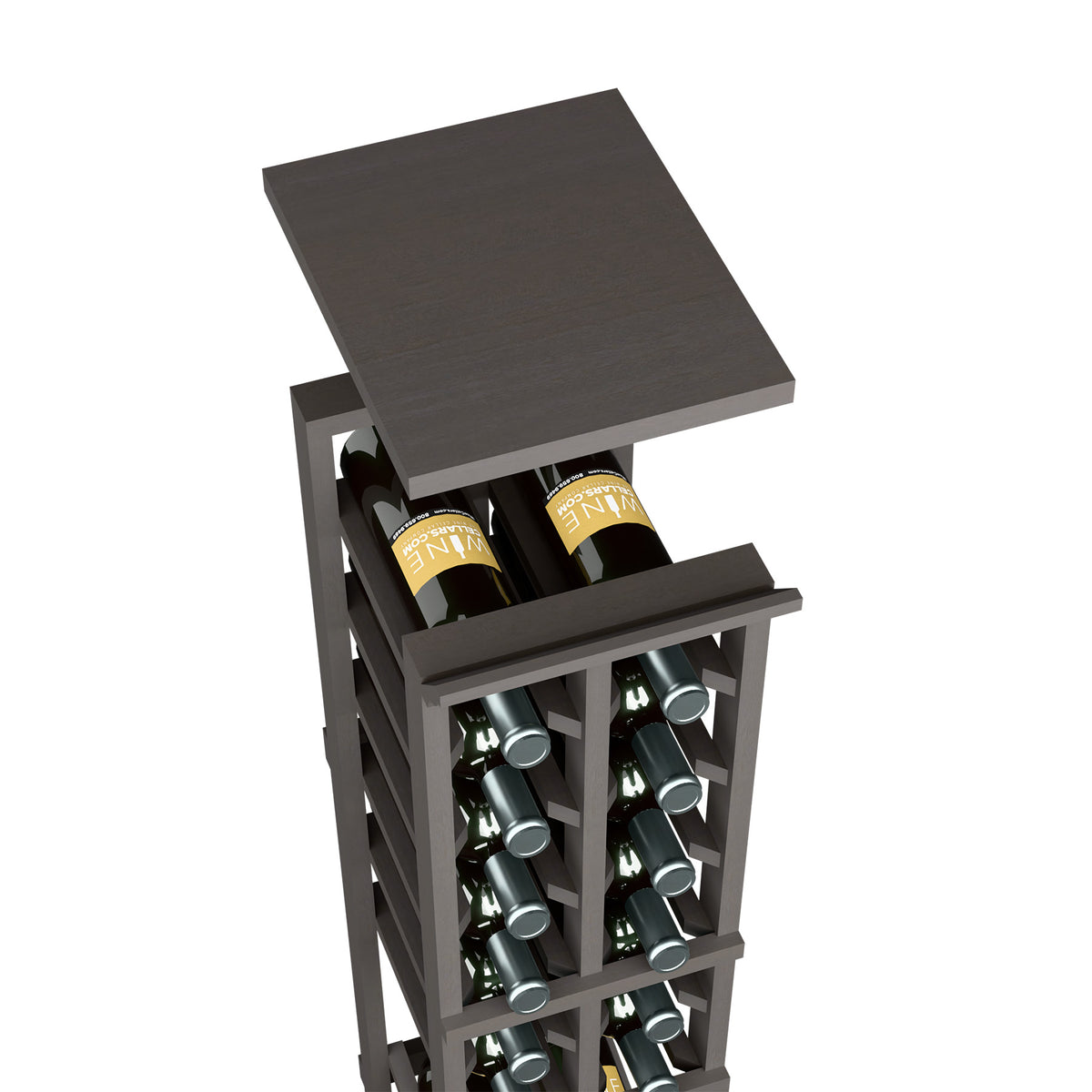 Wine bottle rack with top shelf, black/dark finish and bottle cubbies
