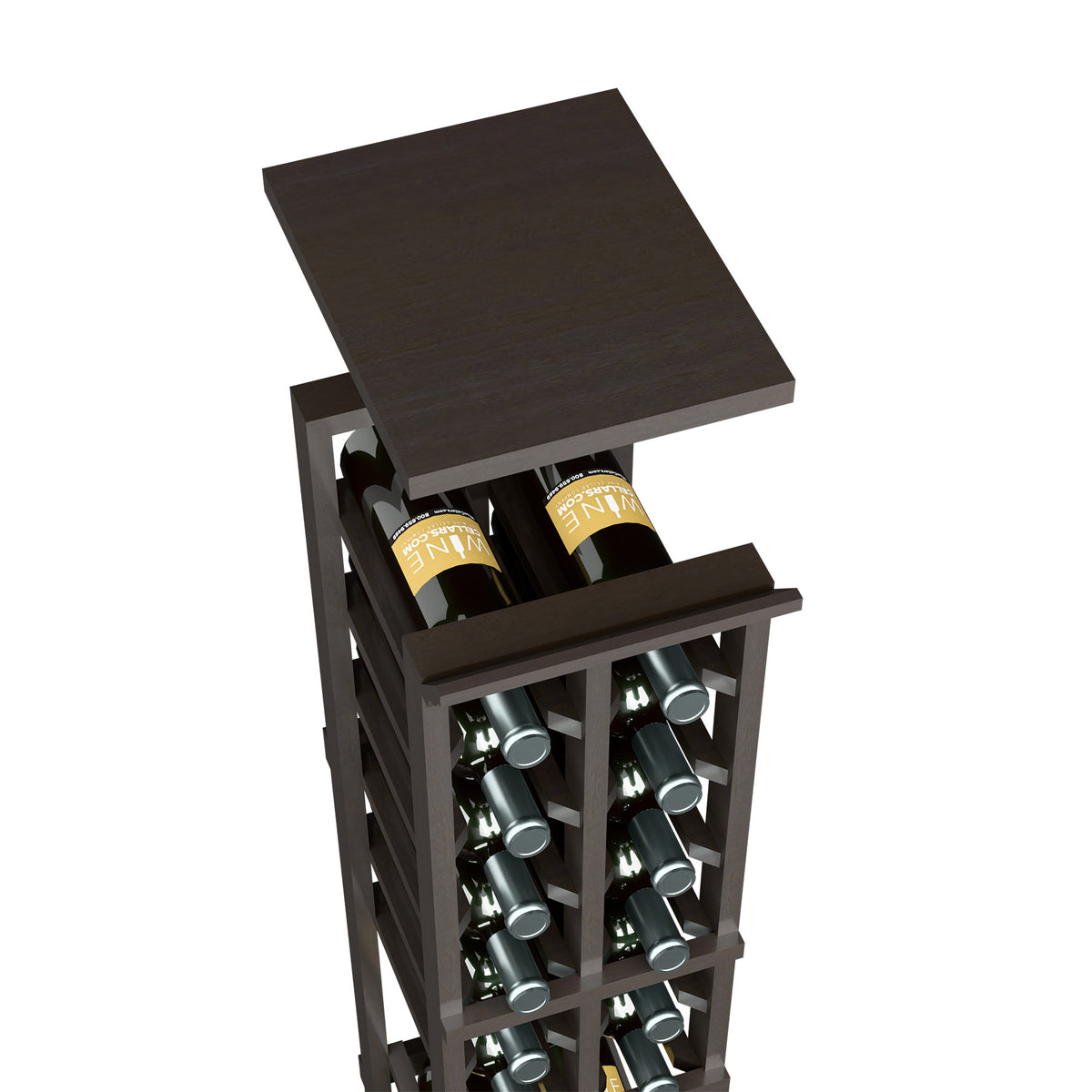 Wine bottle rack with top shelf, black/dark finish and bottle cubbies