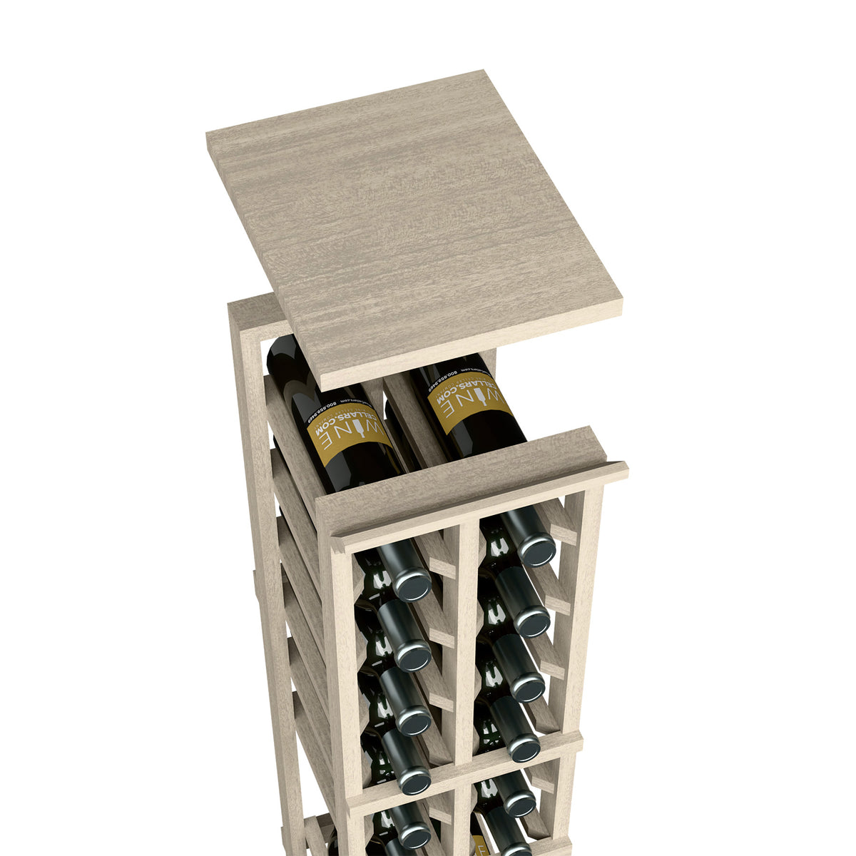 Grey wood wine rack with upper shelf and open slots for bottles