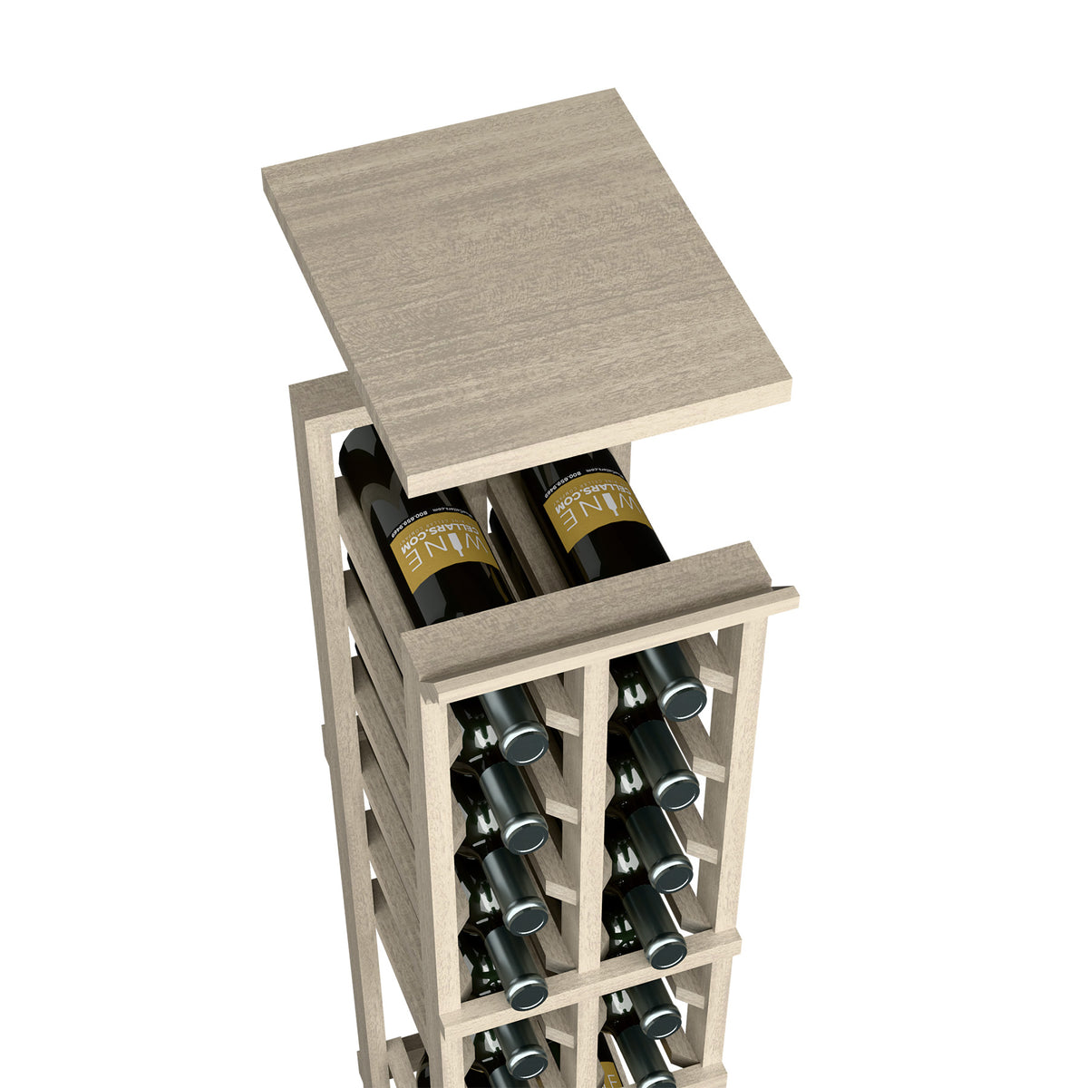 Grey wood wine rack with top shelf and bottle storage cubbies