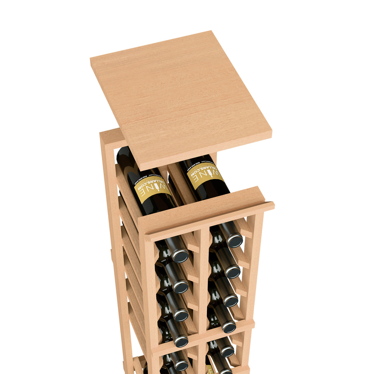 Light tan wood wine rack with top shelf and bottle storage cubbies
