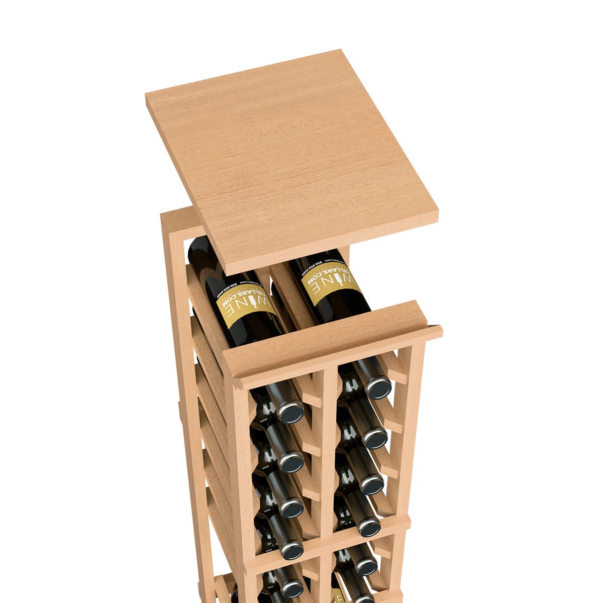 Light tan wood wine rack with upper shelf and bottle storage compartments