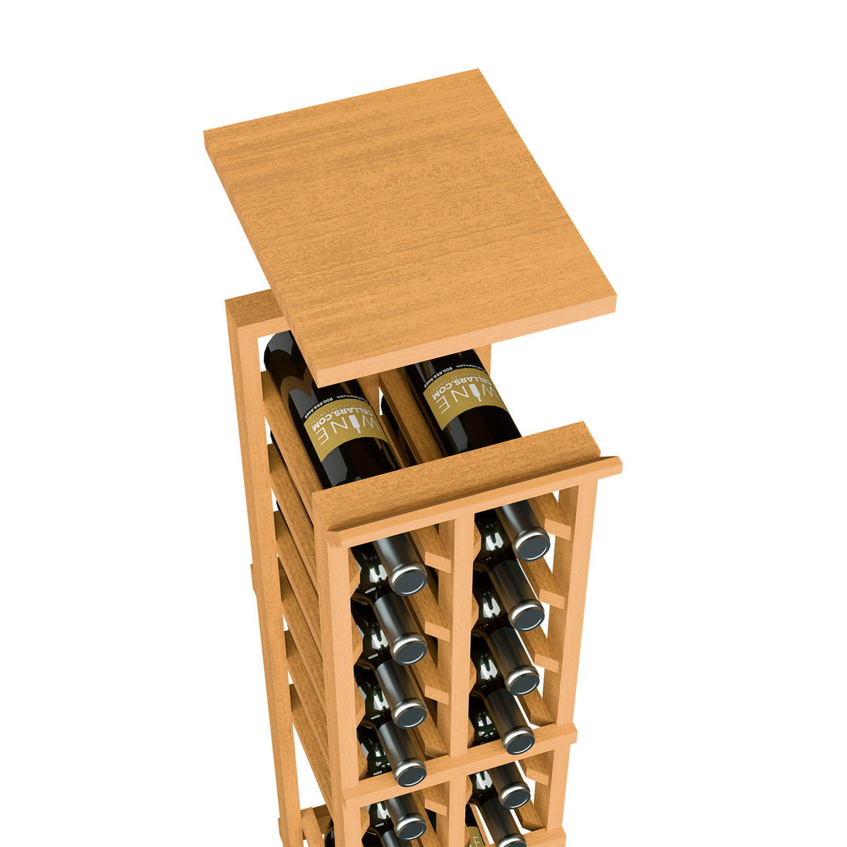Wheat-toned wood wine rack with top shelf and bottle storage cubbies