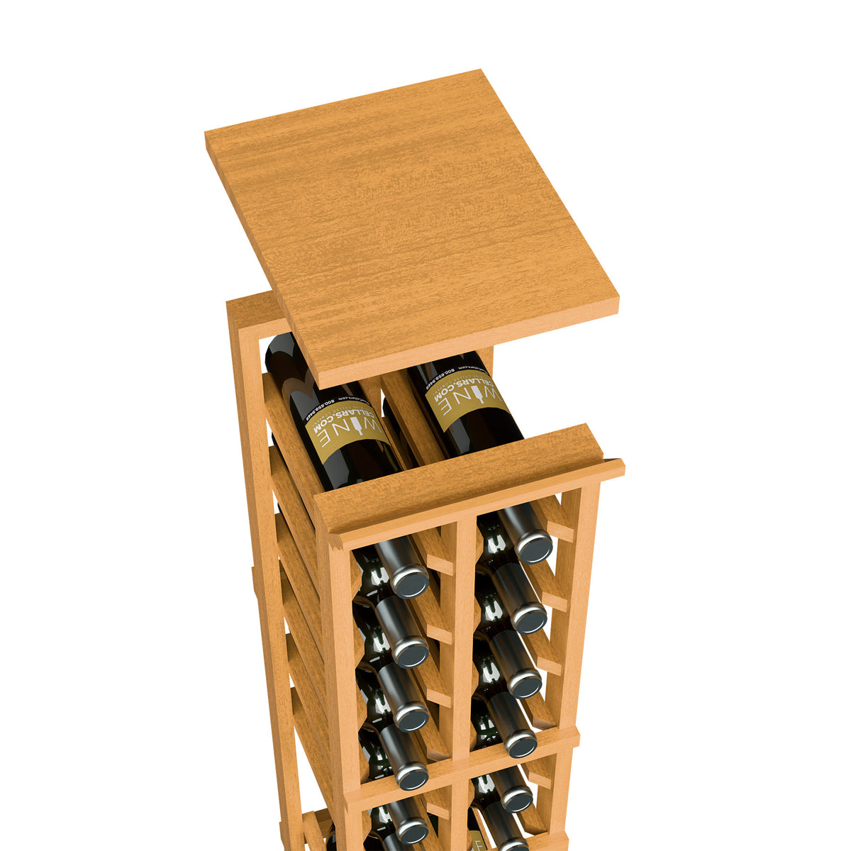 Honey wood wine rack with top shelf and bottle storage cubbies