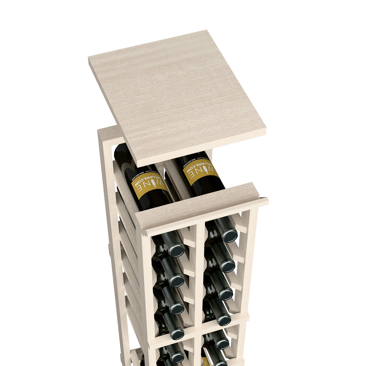 Off-white wood wine rack with top shelf and bottle storage cubbies