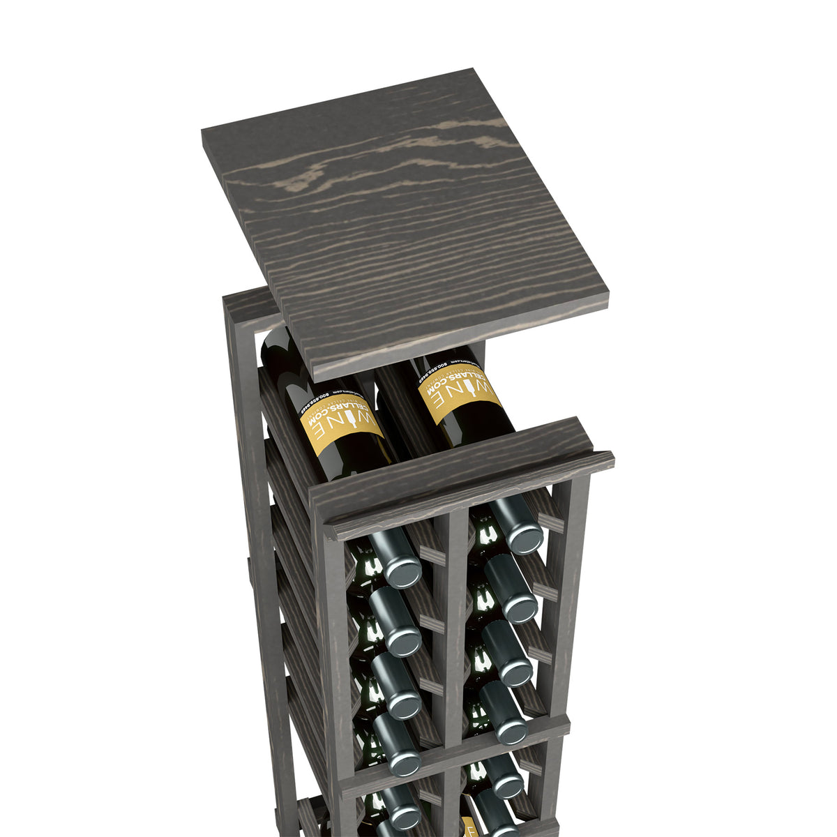 Two-column wine bottle rack with dark top shelf and bottle display cubby slots