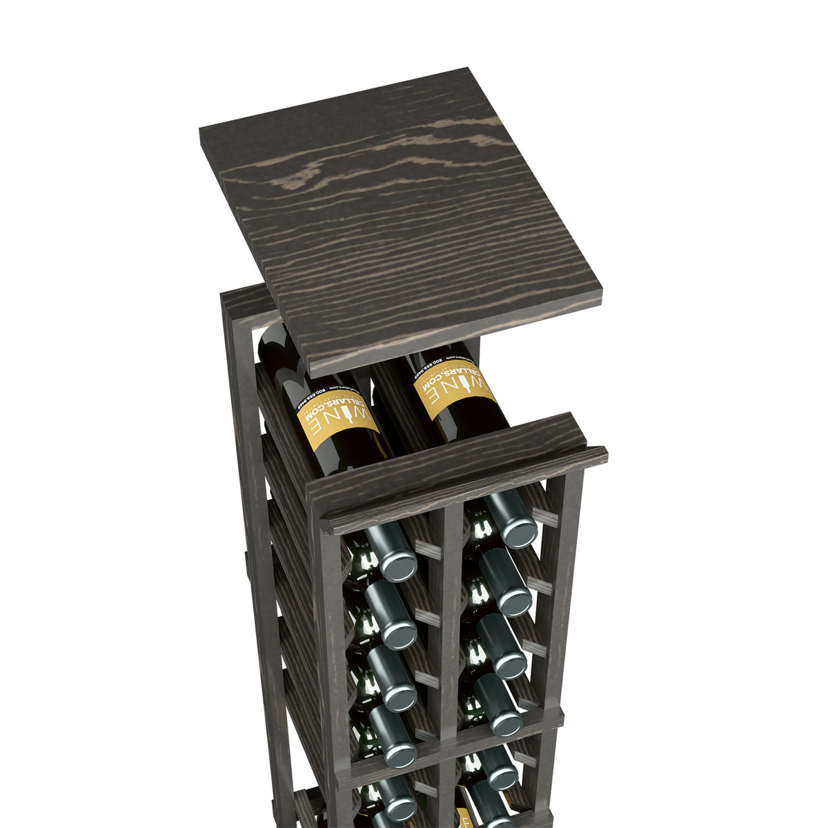 Two-column wine bottle rack with dark top shelf and bottle display cubby slots