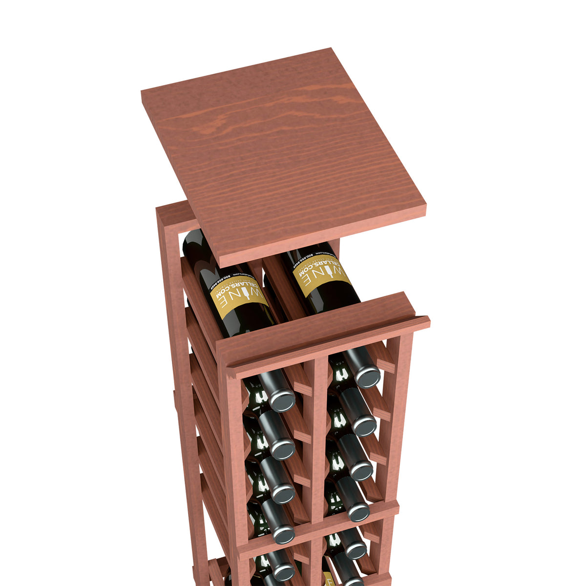 Two-column wine bottle rack with reddish top shelf and bottle display cubby slots